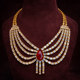 Diamond Look Scallop Fall Layered Necklace with Ruby Centerpiece