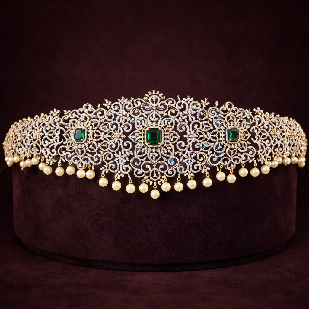 Exquisite Diamond Look Emerald Bridal Vaddanam with Pearl Drops
