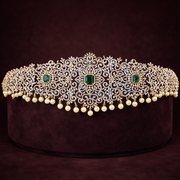 Exquisite Diamond Look Emerald Bridal Vaddanam with Pearl Drops
