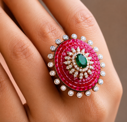Invisible Setting Ruby Ring with Emerald Brilliance