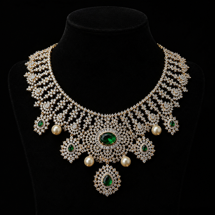 Diamond Look Emerald Bridal Statement Necklace in 92.5 Silver