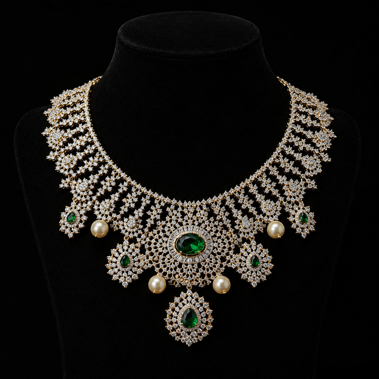 Diamond Look Emerald Bridal Statement Necklace in 92.5 Silver