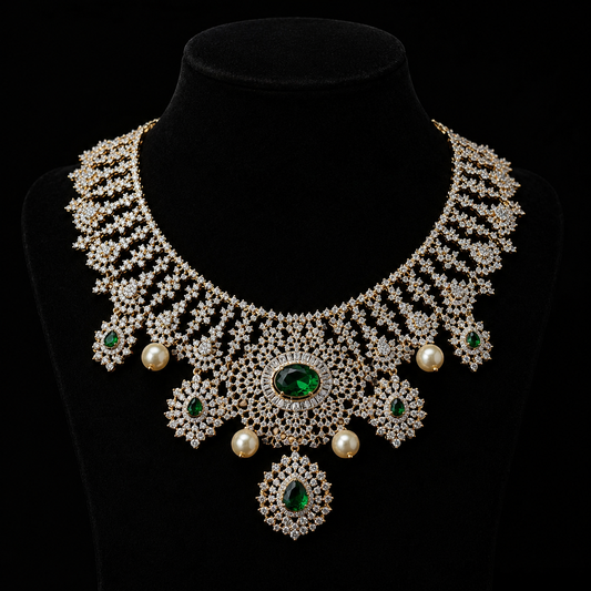 Diamond Look Emerald Bridal Statement Necklace in 92.5 Silver