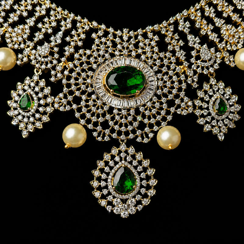 Diamond Look Emerald Bridal Statement Necklace in 92.5 Silver
