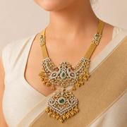 Exquisite Gold Plated Diamond Look Peacock Pendant Chain Haram
