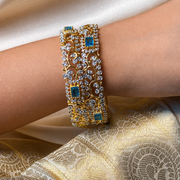 Bridal Gold Plated Silver Bangles with Aquamarine and Diamond Look Stones
