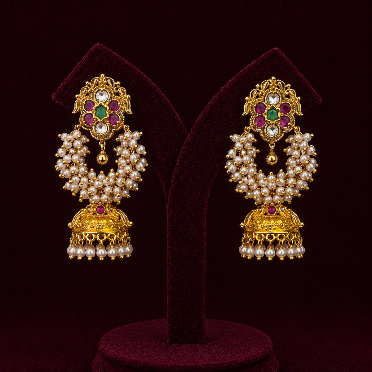 Pure Silver Pearl Cluster Jhumka Earrings with Ruby Emerald CZ
