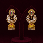 Pure Silver Pearl Cluster Jhumka Earrings with Ruby Emerald CZ

