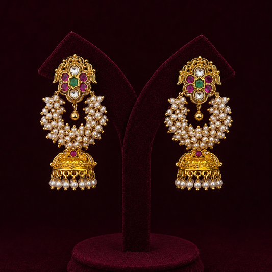 Pure Silver Pearl Cluster Jhumka Earrings with Ruby Emerald CZ