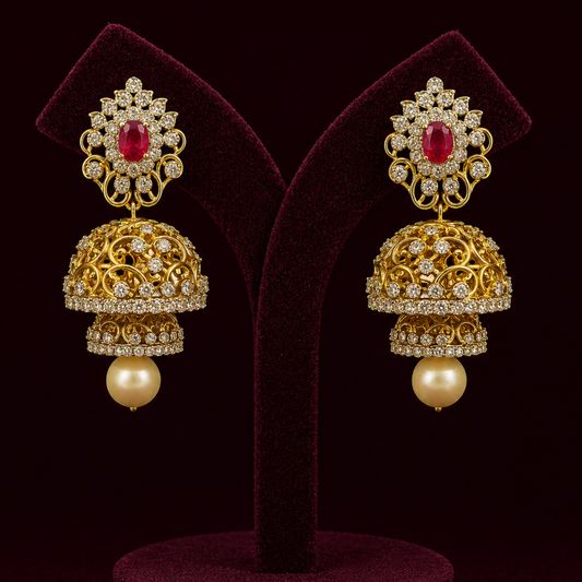 Regal Ruby Diamond Look Jhumka with Pearl Drop