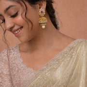 Regal Ruby Diamond Look Jhumka with Pearl Drop
