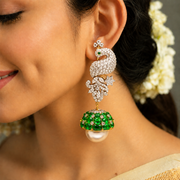 Diamond-Studded Peacock Earrings with Emerald Beauties