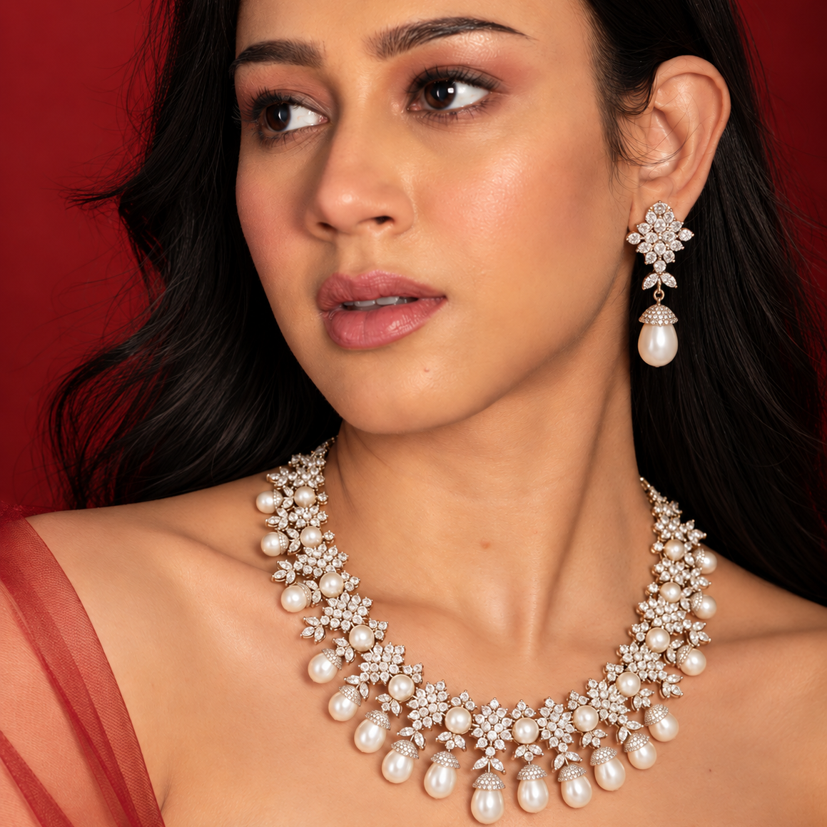 Diamond Floral Pearl Drop Earrings