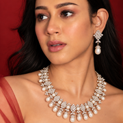 Diamond Floral Pearl Drop Earrings
