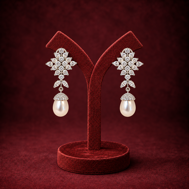 Diamond Floral Pearl Drop Earrings