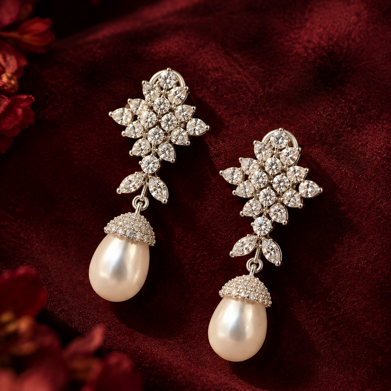 Diamond Floral Pearl Drop Earrings | Elegant Statement Jewellery