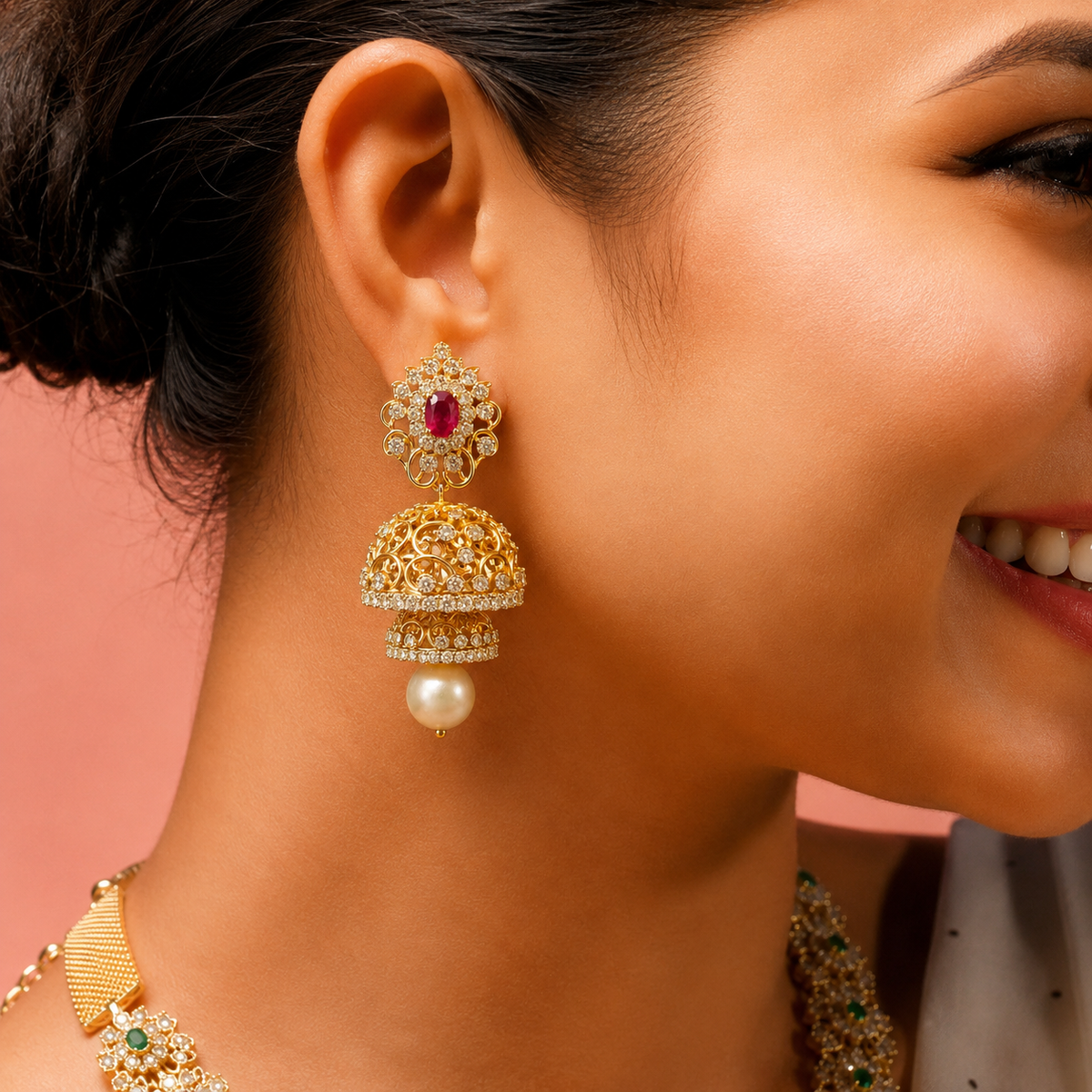 Regal Ruby Diamond Look Jhumka with Pearl Drop