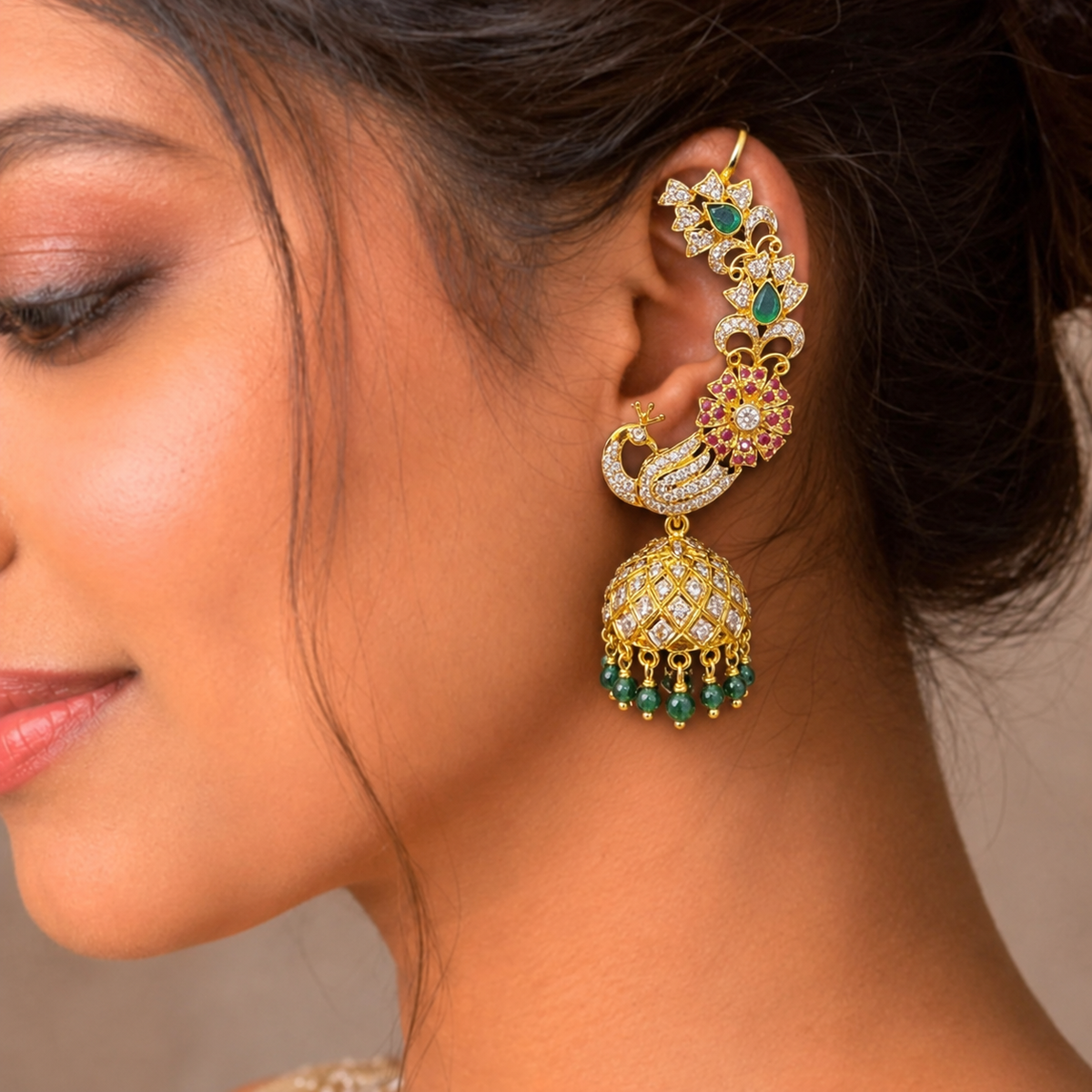 Peacock Cuff Earrings with Ruby Floral Design Diamond Look Jhumkas
