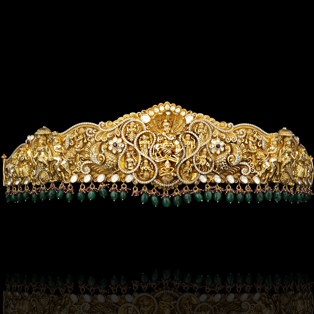 Dancing Peacock Krishna Bridal Vaddanam Designs with 18K Gold Polish