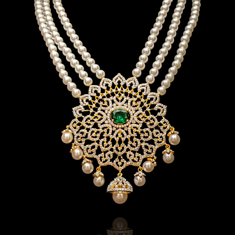 Diamond Look Statement Pendant with Delicate Pearl Strings – Sneha ...