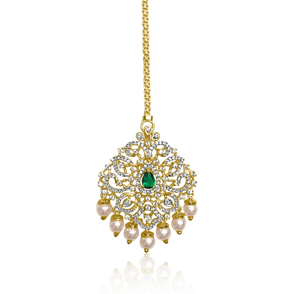 Dazzling Emerald CZ Diamond Bridal Mangtikka