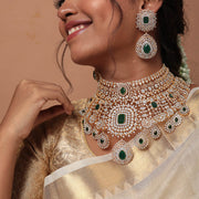 Detachable Bridal Choker Necklace with Emerald Look Stones in Silver