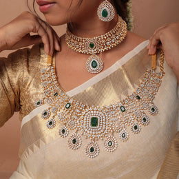 Detachable Bridal Choker Necklace with Emerald Look Stones in Silver