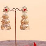 Detachable CZ Diamond Ruby Look Multi-Layer Bridal Jhumka Earrings in Gold Polish