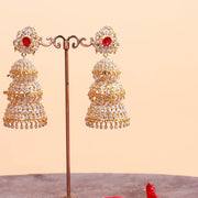 Detachable CZ Diamond Ruby Look Multi-Layer Bridal Jhumka Earrings in Gold Polish