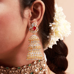 Detachable CZ Diamond Ruby Look Multi-Layer Bridal Jhumka Earrings in Gold Polish