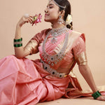 Detachable Emerald Diamond Look Bridal Choker with Pearls in Gold Polish