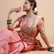 Detachable Emerald Diamond Look Bridal Choker with Pearls in Gold Polish