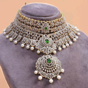 Detachable Emerald Diamond Look Bridal Choker with Pearls in Gold Polish