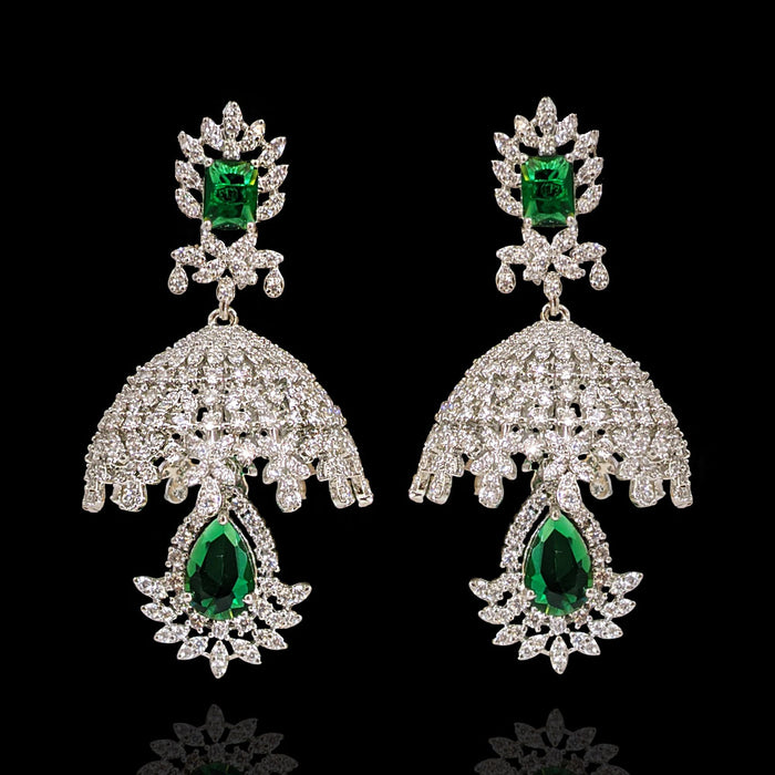 Timeless Diamond and Emerald Look Jhumka Earrings in White Gold Finish