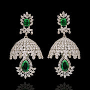 Timeless Diamond and Emerald Look Jhumka Earrings in White Gold Finish