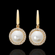 Diamond CZ with White Pearl Earrings in 18Kt Yellow Gold Polish