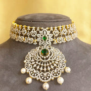 Diamond Look Choker Necklace with Emeralds and Detachable Pearl Pendant