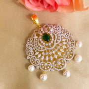 Diamond Look Choker Necklace with Emeralds and Detachable Pearl Pendant