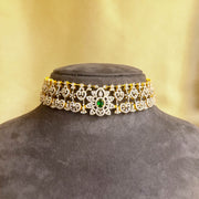 Diamond Look Choker Necklace with Emeralds and Detachable Pearl Pendant