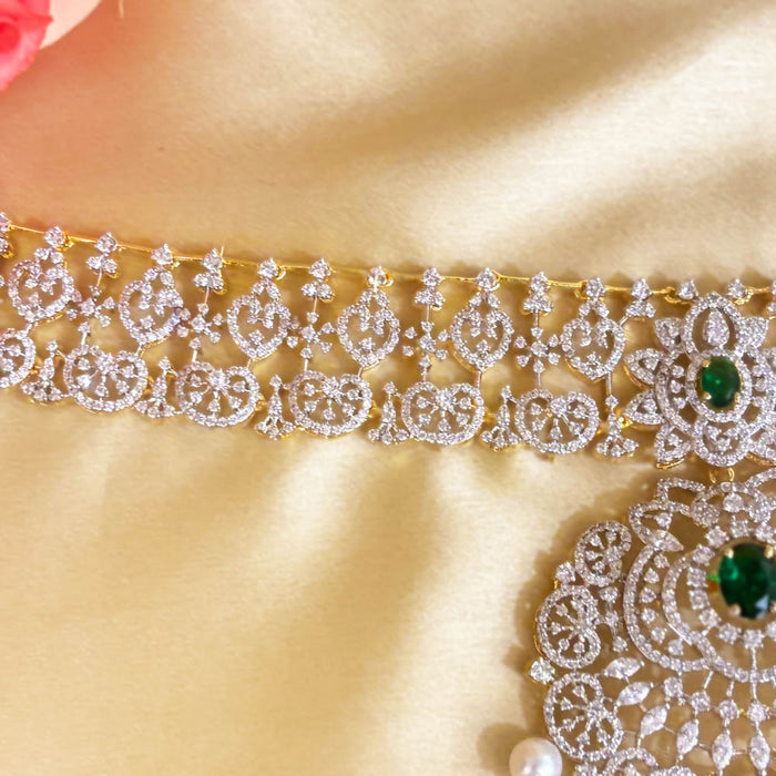 Diamond Look Choker Necklace with Emeralds and Detachable Pearl Pendant