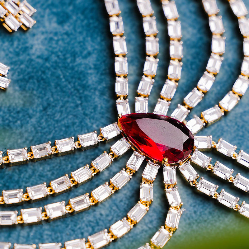 Diamond Look Scallop Fall Layered Necklace with Ruby Centerpiece