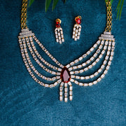 Diamond Look Scallop Fall Layered Necklace with Ruby Centerpiece