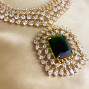 Diamond Look Short Necklace with Detachable Green Pendant in Gold Polish
