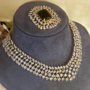 Diamond Look Short Necklace with Detachable Green Pendant in Gold Polish