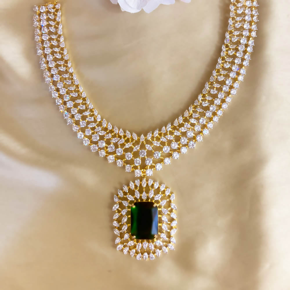 Diamond Look Short Necklace with Detachable Green Pendant in Gold Polish