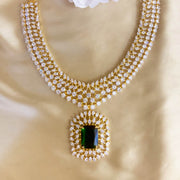 Diamond Look Short Necklace with Detachable Green Pendant in Gold Polish