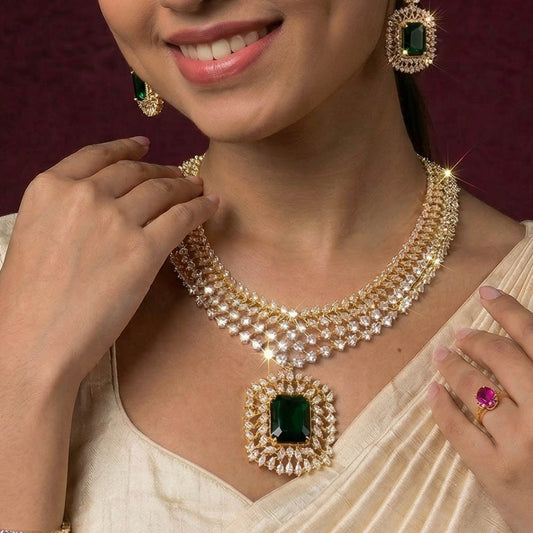 Diamond Look Short Necklace with Detachable Green Pendant in Gold Polish