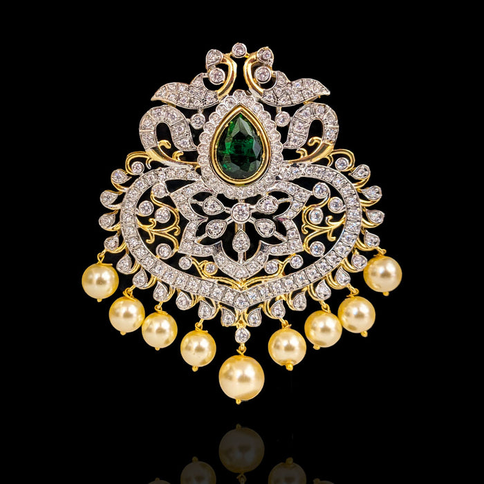 Diamond and Emerald Studded Gold Polish Peacock Pendant