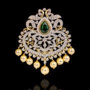 Diamond and Emerald Studded Gold Polish Peacock Pendant