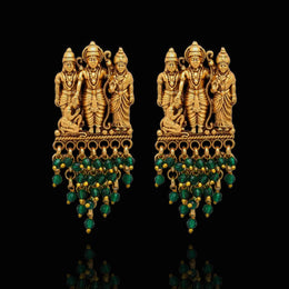 Divine Ram Darbar Temple Earrings with Emerald Bead Drops